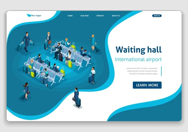 网站模板登陆页面等距概念乘客在等候室, 国际机场, 商务旅行。易于编辑和自定义 — 图库矢量图片