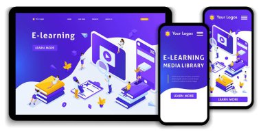 Website Template Landing page Isometric concept library, encyclopedia, e-learning, education, media library or web archive. Easy to edit and customize, adaptive clipart