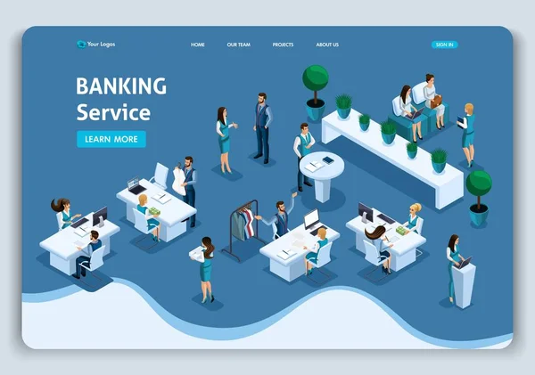 Bankacılık hizmeti, müşteri hizmetleri, banka sitesi, kredi kartı Web sitesi şablonu açılış sayfası izometrik kavramı. Düzenlemek ve özelleştirmek kolay — Stok Vektör