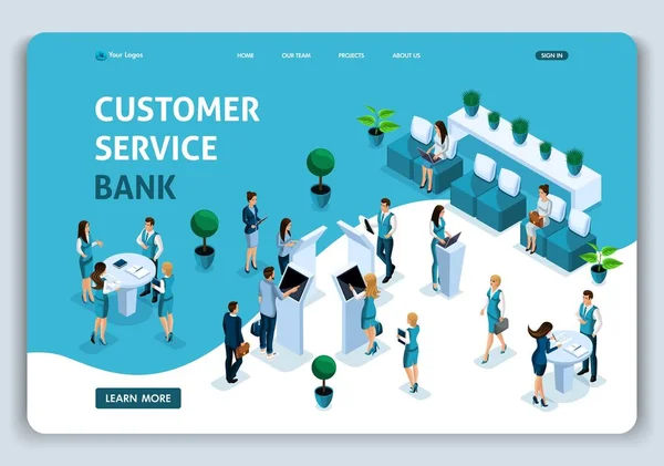 Página Web Plantilla Landing page Isométrica sala de servicio al cliente, clientes atendidos por consultores bancarios, depósitos, préstamos, hipotecas. Fácil de editar y personalizar — Archivo Imágenes Vectoriales