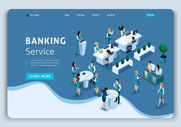 Página Web Plantilla Landing page Concepto isométrico servicio bancario, servicio al cliente. Fácil de editar y personalizar — Archivo Imágenes Vectoriales