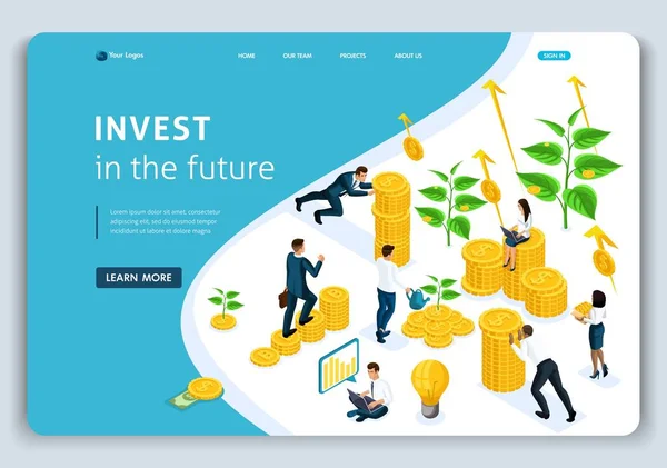 Página Web Landing page Isométrico concepto de inversiones en el futuro, los inversores llevan dinero al grupo de inversión, el crecimiento de las ganancias. Fácil de editar y personalizar — Vector de stock