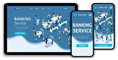 Website Template Landing page Isometric concept banking service, customer service. Easy to edit and customize, adaptiive ui ux clipart