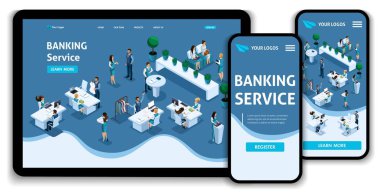 Website Template Landing page Isometric concept banking service, customer service, bank site, credit cards. Easy to edit and customize, adaptiive ui ux clipart