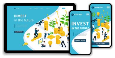 Website Landing page Isometric concept investments in the future, investors carry money to the investment group, profit growth. Easy to edit and customize, adaptiive ui ux clipart