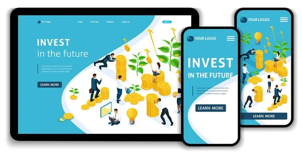 Página Web Landing page Isométrico concepto de inversiones en el futuro, los inversores llevan dinero al grupo de inversión, el crecimiento de las ganancias. Fácil de editar y personalizar, adaptiive ui ux — Archivo Imágenes Vectoriales