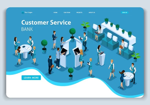 Страница сайта Template Landing Isometric Conceptcustomer service in bank, Service hall, bank clints. Простота редактирования и хранения — стоковый вектор