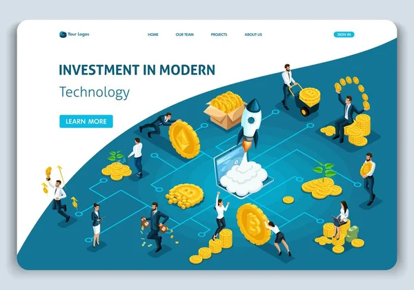 Página Web Plantilla Landing page Concepto isométrico inversión en tecnología moderna, los inversores llevan dinero al grupo de inversión. Fácil de editar y personalizar — Vector de stock