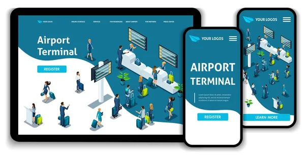 Webbplats mall landning sida isometrisk konceptet International Airport, Flygplats Terminal, bagage återta, affärsresa. Lätt att redigera och anpassa, adaptiive ui ux — Stock vektor