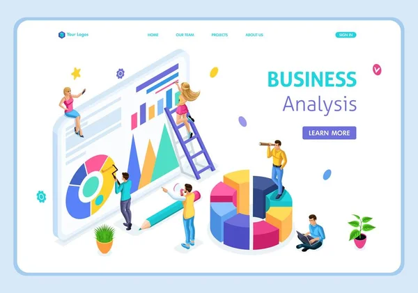 Modèle Site Web Page Débarquement Isometric Business Analyse Peut Utiliser — Image vectorielle