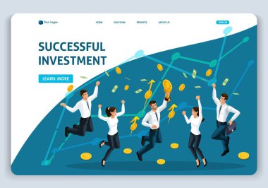 Web sitesi şablonu açılış sayfası izometrik kavramı yatırım modern teknoloji, başarılı yatırım, takım çalışması, çalışanların atlamak. Düzenlemek ve özelleştirmek kolay
