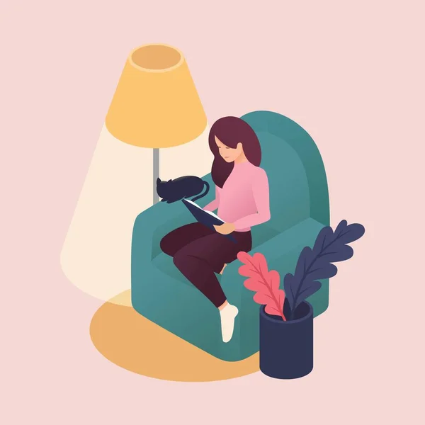 Ισομετρική νεαρές γυναίκες ξοδεύουν το Σαββατοκύριακο στο σπίτι, ανάγνωση βιβλίων, κατοικίδιο ζώο φροντίζω, φίλος γάτα. Χρωματιστά διανυσματικά εικονογράφηση σε επίπεδη στυλ — Διανυσματικό Αρχείο