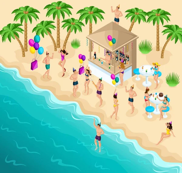 Je danse sur la plage, fête, fête d'anniversaire, Ibiza, la mer. plage, beau temps, repos, divertissement, un bar avec boissons — Image vectorielle