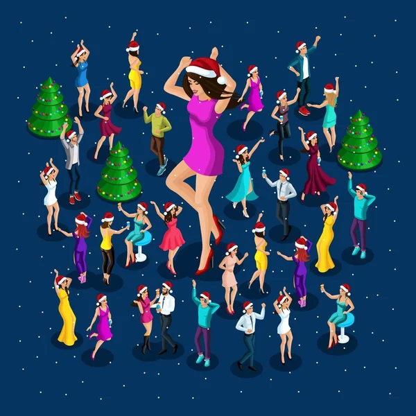 アイソメ図の人々 がクリスマスを祝うパーティー、クリスマス ツリーの周り大きな美しい女の子元気に踊る踊る、踊る人、飲み物の多くの周り — ストックベクタ