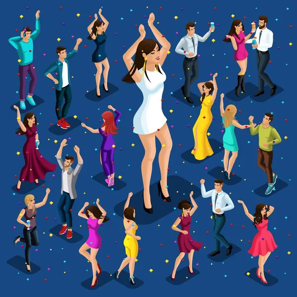 Isometrische illustratie van de vakantie, de mannen en de vrouwen veel plezier op een feestje in een nachtclub, vieren en veel plezier, een grote meid dansen — Stockvector