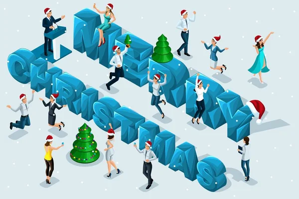 Ισομετρική γιορτή, άνδρες και γυναίκες να διασκεδάσουν φόντο μεγάλα γράμματα ευτυχισμένα Χριστούγεννα, εταιρικά πάρτι, χριστουγεννιάτικο δέντρο, χιόνι, ευτυχία, άλμα — Διανυσματικό Αρχείο