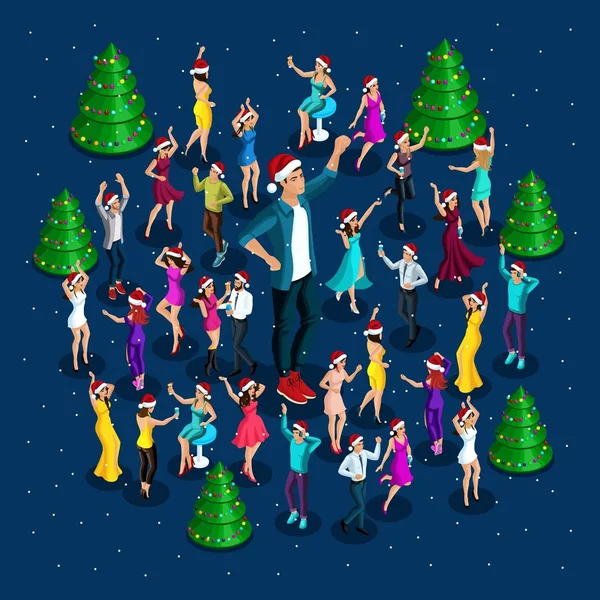La gente isométrica celebra Navidad, fiesta, bailando alrededor del árbol de Navidad, un gran hombre bailando, alrededor de mucha gente bailando, bebidas, un club nocturno — Vector de stock