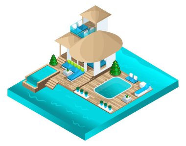 İsometry güzel bir oda, bir lüks bungalov ile bir teras ve bir yüzme havuzu, büyük bir tatil Noel, bir lüks otel, bir rüya olduğunu