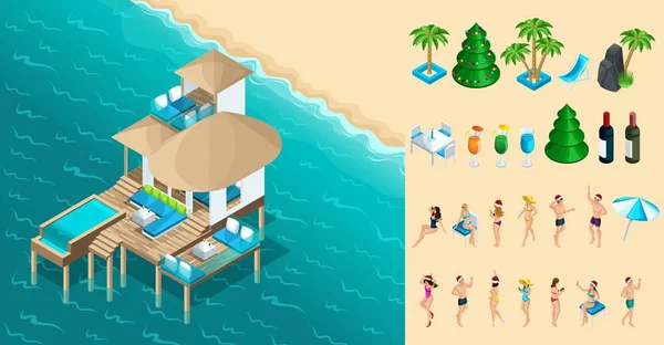 Isometry est un bungalow chic aux Maldives, des vacances de luxe pour les riches, un ensemble de personnes et des accessoires de Noël pour créer vos rêves — Image vectorielle