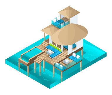 Maldiv Adaları, okyanus, lüks zengin insanlar için bir rüya ortasında muhteşem bir oda isometry şık bungalow