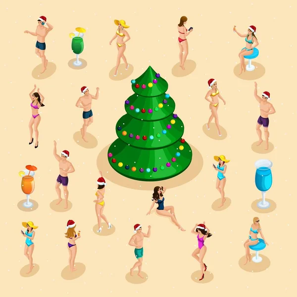 Celebrazione isometrica, uomini e donne in costume da bagno si divertono alla festa di Natale sulla sabbia del mare sulla spiaggia, balli, Ibiza, divertimento — Vettoriale Stock