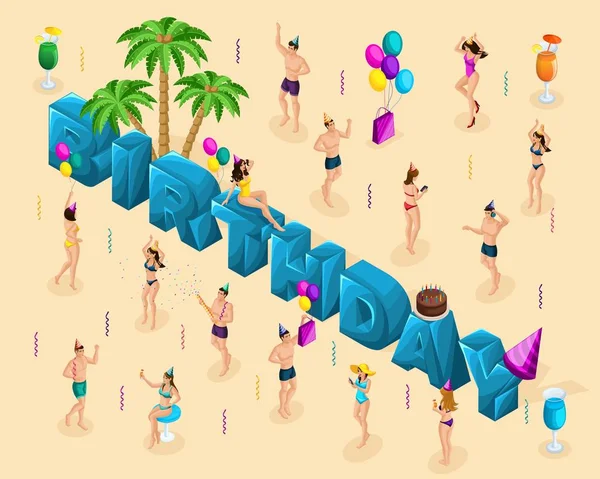 Isomtry cumpleaños de vacaciones, en la orilla del mar, grandes letras, chicas en bikini danza, pastel, globos — Vector de stock