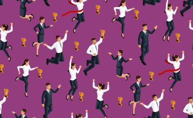 İsometry sorunsuz arka plan, 3d iş kadını ve işadamları, atlama ve sevindirici, eğlenceli bir ödül, mutluluk alma