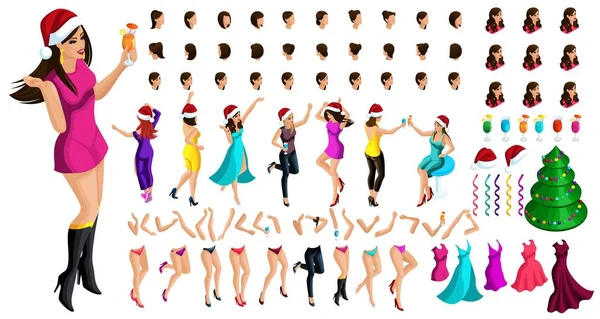 Isometric character constructor, a dancing girl for Christmas, with a set of emotions, hairstyles, gestures of hands and feet. Create your character with a drink — Stock Vector