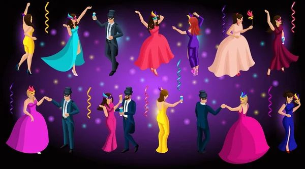 Isometric carnival, 3d men and women in masks, Venetian masquerade, dances, beautiful lush dresses, elegant costumes and hats, feathers — Stock Vector