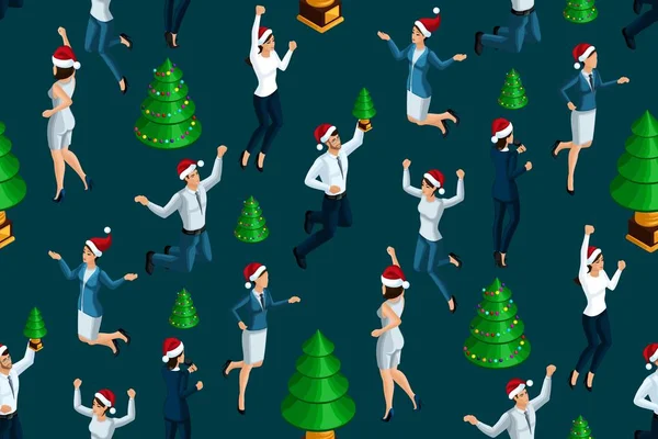 アイソ メトリック図法のシームレスな背景、3 d 男性と女性、ハッピー クリスマス、ジャンプと喜び — ストックベクタ