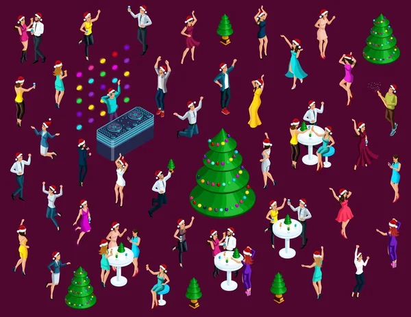 Isométricos Celebrando la Navidad, muchos hombres y mujeres en 3D se divierten bailando, saltando, celebrando a la gente por ilustraciones coloridas — Vector de stock