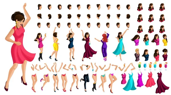 Isometry constructor dancing character, with a set of emotions, hairstyles, gestures of hands and feet. Create your own dancing and energetic girl beautiful dress — Stock Vector