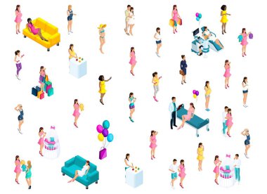 İsometry hamile kız farklı etkinlikler, bebek beşik, mutlu bir kadın, balonlar yanındaki 3d çift olarak