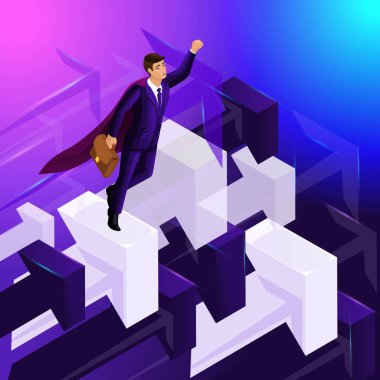 Kavram isometry reklam, yukarı dönük, hedefe doğru hareketi gösteren oklar, 3d işadamı uçar. Mükemmel vektör çizim reklam için
