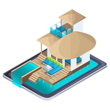 İzometrik reklam Resort Maldivler smartphone, parlak reklam seyahat kavramı, lüks otellerde on-line arama