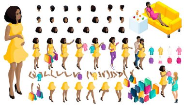 Kalite Isometry, 3d hamile Afro-Amerikan Kız, hamile kız, oluşturmak için vektör çizimler, hamile kızın bir çocuğun doğumu için hazırlanıyor