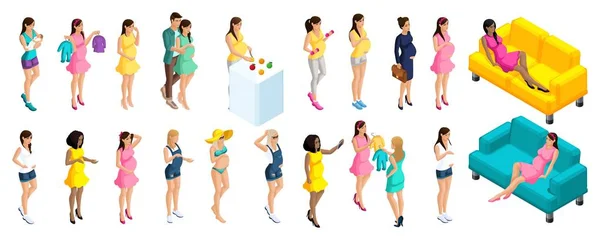 Quality Isometry, un gran conjunto de chicas 3D embarazadas, se dedica a los deportes, come adecuadamente, se preocupa, compra cosas, camina — Vector de stock