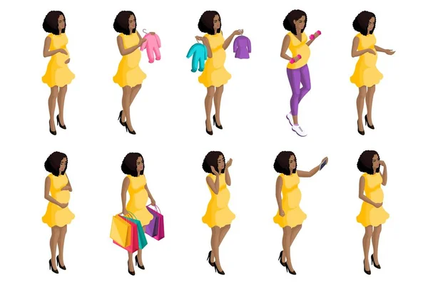 Quality Isometry, 3D pregnant African American girl, a large set of pregnant women for vector illustrations, preparing for the birth of a child — Stock Vector