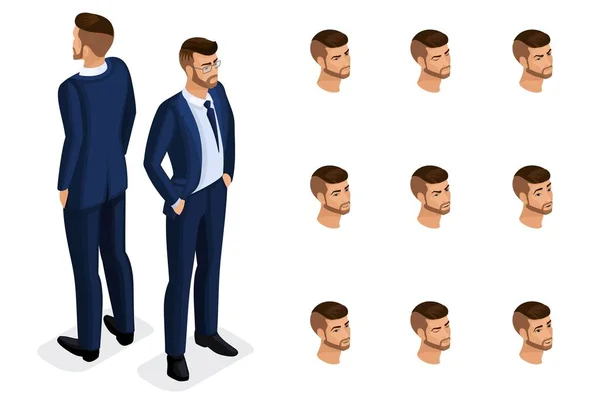 Quality Isometry, 3D es un hombre de negocios sólido, con un traje elegante y hermoso. Carácter con un conjunto de emociones para crear ilustraciones vectoriales de calidad — Vector de stock