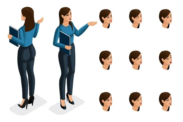 Qualitätsisometrie, 3D-Business-Lady, in streng stylischer Kleidung. Charakter, ein Mädchen mit einer Reihe von Emotionen für die Erstellung qualitativ hochwertiger Vektorillustrationen — Stockvektor