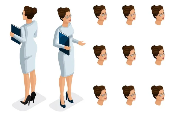 Qualitätsisometrie, 3D-Business-Lady, in einem stilvollen Kleid. Charakter, ein Mädchen mit einer Reihe von Emotionen für die Erstellung qualitativ hochwertiger Vektorillustrationen — Stockvektor