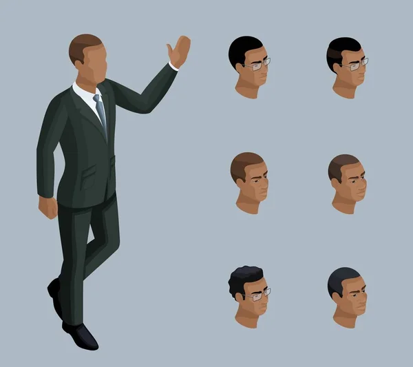 Qualitative Isometry, a 3D businessman, a man of African American. Character, with a set of emotions and hairstyles for creating illustrations — Stock Vector