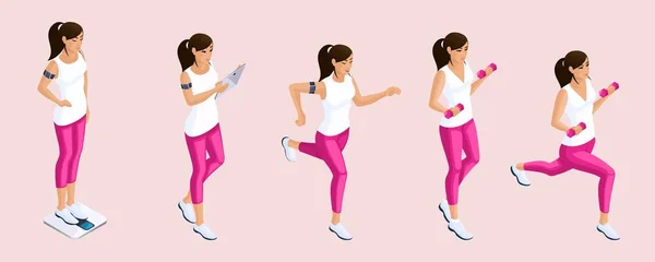 Quality Isometry, un conjunto de chicas 3D dedicadas a la gimnasia, running, pesas, sentadillas, deportes y una excelente figura — Archivo Imágenes Vectoriales