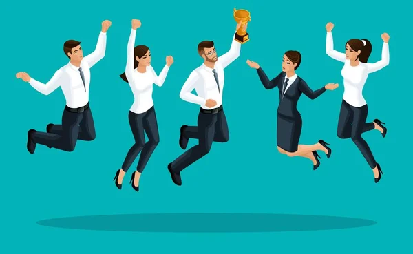 Quality Isometry, 3d business ladies and businessmen are happy and jumping, the prize is received by the united team is happy — Stock Vector