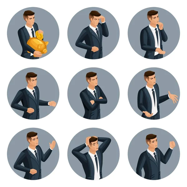 Isomtry cualitativo, un conjunto de hombres de negocios avatar 3d, con gestos emocionales, ira, alegría, desesperación — Archivo Imágenes Vectoriales