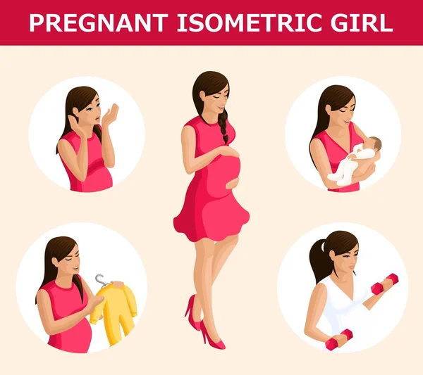 Isométrie qualitative, un ensemble de femmes enceintes 3D dans différentes situations, avec des gestes émotionnels, une base pour l'infographie — Image vectorielle