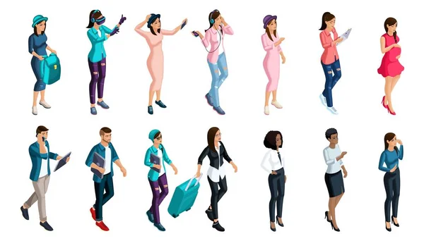 Qualitativo Isometry, um conjunto de pessoas 3D com emoções e gestos, para uso em redes sociais, subculturas modernas, hipsters — Vetor de Stock