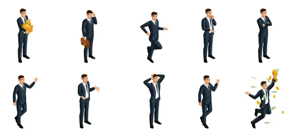 Quality Isomtrics, un conjunto de hombre de negocios 3d con diferentes emociones y gestos para su uso en diferentes situaciones — Vector de stock
