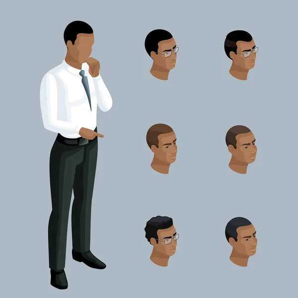 Qualitative Isometry, 3D businessman shows a man is African-American. Character, with a set of emotions and hairstyles — Stock Vector