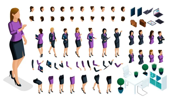 Isometrisches Set zur Erstellung Ihres Charakters, eine große Anzahl von Hand- und Fußgesten einer Frau, einer Geschäftsfrau. Erstellen Sie Ihre Vektor-Zeichen — Stockvektor